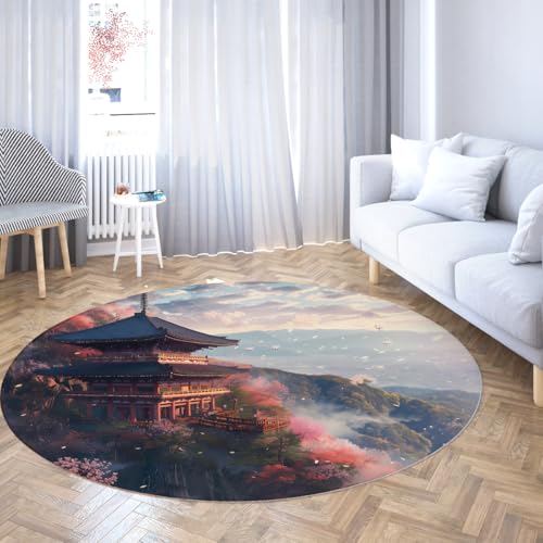 Großer Wohnzimmerteppich mit rundem Bereich weicher maschinenwaschbarer Boho-Bauernhausteppich für Schlafzimmer und Esstisch rutschfester Bodenteppich das Home Office Kirschblütentempel 60cm von WEECHAINGE