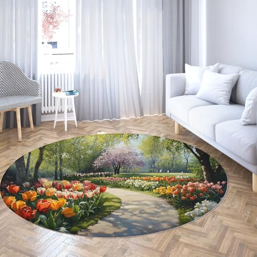 Grüner Boho waschbarer runder Wohnzimmerteppich Garten Tulpe Blumenweg Design Kreisförmiger Teppich für Eingangsbereich Schlafzimmer Kinderzimmer Küche 60cm von WEECHAINGE