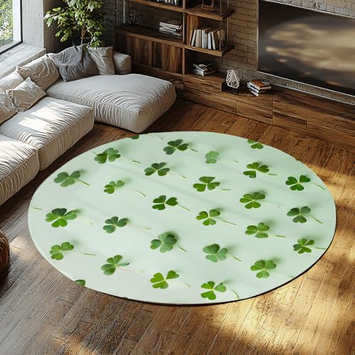 Grüner Kleeblatt Runde Kinderteppiche Kleeblatt Print Lucky Leaf waschbarer Rutschfester Nachttischteppich für Schlafzimmer Küche Esszimmer Kinder Spielzimmer Dekor 150cm von WEECHAINGE