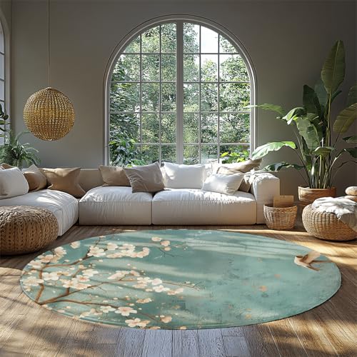 Grüner Sakura Vogeldruck Runder Klassenzimmerteppich Weicher waschbarer Kreisteppich Orientalischer Stil Fußmatte für Wohnzimmer Schlafzimmer Esszimmer 135cm Grüner Sakura Vogeldruck Runder Klassenzimmerteppich Weicher waschbarer Kreisteppich Orientalischer Stil Fußmatte für Wohnzimmer Schlafzimmer Esszimmer 135cm von WEECHAINGE