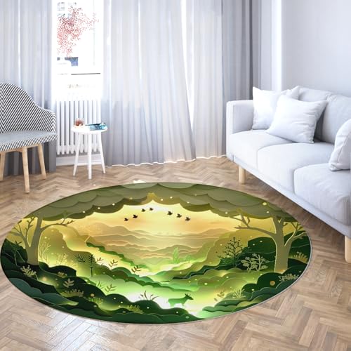 Grüner Wald Runde Küchenteppiche Waschbarer Wald Natur Kreis Teppich Weicher Rutschfester Hirsch- und Vogeldruck Bereich Teppich für Esszimmer Kinderzimmer 80cm von WEECHAINGE