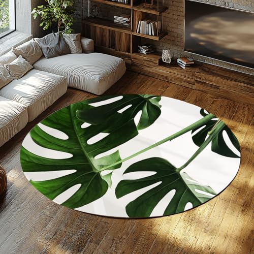 Grüner botanischer runder Bauernhausteppich tropischer Monstera Blattdruck maschinenwaschbarer Innenteppich für Wohnzimmer Schlafzimmer unter Esstisch Home Office Dekor niedriger Flor nicht 90cm von WEECHAINGE