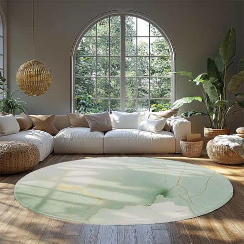 Grüner runder Terrassenteppich Moderner Marmor Kreis Teppich Gold Adern Weiche Akzentmatte Rutschfester niedriger Flor für Schlafzimmer Küche Wohnzimmer Schlafsaal Nachttisch 90cm von WEECHAINGE