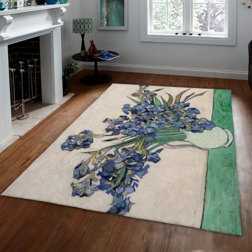 Iris Ölgemälde Küchenteppiche 140x200cm Rutschfester lila Blumen Vintage Vase Druck Kinderzimmerteppich weicher niedriger Flor Rücken moderner Teppich für Esszimmer Badezimmer von WEECHAINGE