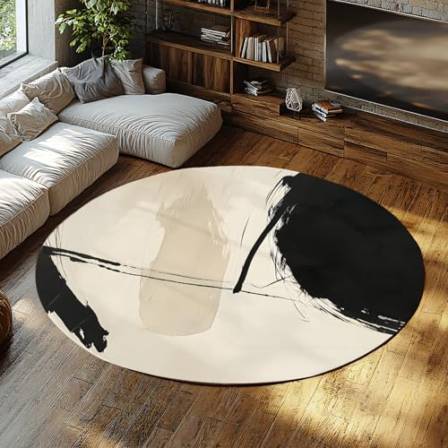 Japandi Minimalistischer schwarzer cremefarbener runder Teppich Wohnzimmer Anti-Rutsch niedriger Flor abstrakte Tinte Kunst Schlafzimmer Nachttisch Eingangsbereich pflegeleichter Teppich 100cm von WEECHAINGE