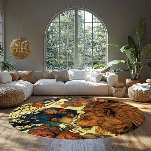 Jugendstil Runde Teppiche für Eingangsbereich Frau Löwe Illustration Kräftige Farbe Weicher Kurzflor Waschbarer Wohnzimmerteppich für Wohnzimmer Studio 160cm von WEECHAINGE