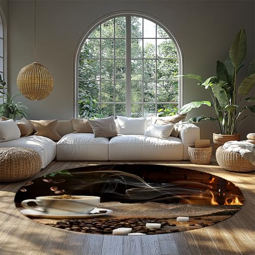 Kaffeetasse Runde Fläche Teppich Wohnzimmer Bohnen Feuer Druck rutschfest Dünn Nicht Haarausfall Akzent Bodenmatte Weicher Teppich für Schlafzimmer Küche Café 120cm Kaffeetasse Runde Fläche Teppich Wohnzimmer Bohnen Feuer Druck rutschfest Dünn Nicht Haarausfall Akzent Bodenmatte Weicher Teppich für Schlafzimmer Küche Café 120cm von WEECHAINGE