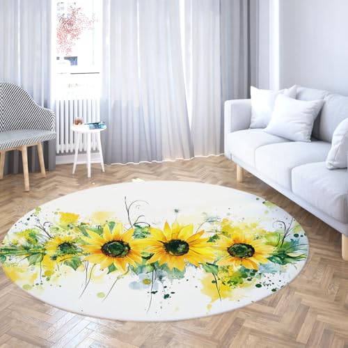 Kinderteppich Waschbare Kinderzimmerteppiche Weicher Plüsch Kreis Teppich rutschfeste Sonnenblume Aquarell Blumen Bodenmatte für Klassenzimmer Spielzimmer Schlafzimmer Mädchen Zimmer Dekor 200cm von WEECHAINGE