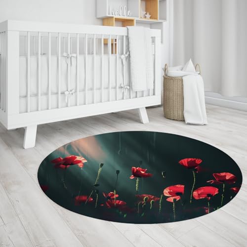 Kinderzimmer Runde Fläche Teppiche Rot Blumen Sonnenstrahl Effekt Weich Abwaschbar rutschfest Leicht Dünn Baby Zimmer Kreis Teppich Schwarz Küchenteppich 180cm von WEECHAINGE