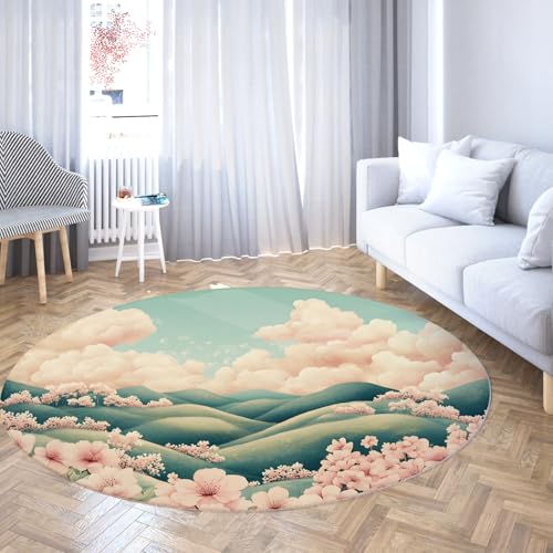 Kirschblüte Runder Teppich Waschbar Rosa Blumen und Grün Hügel Kreis Teppich Weicher Rutschfester romantischer Pastellbereich Teppiche für Schlafzimmer Kinderzimmer 150cm Kirschblüte Runder Teppich Waschbar Rosa Blumen und Grün Hügel Kreis Teppich Weicher Rutschfester romantischer Pastellbereich Teppiche für Schlafzimmer Kinderzimmer 150cm von WEECHAINGE