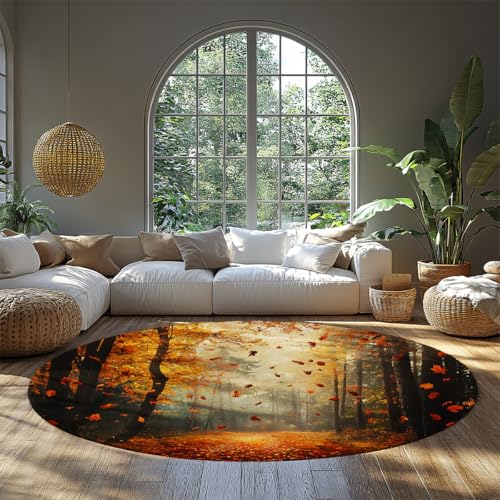 Kleine runde große Teppiche für Wohnzimmer Herbst Wald fallende Blätter waschbarer Teppich den Eingangsbereich rutschfest Indoor rustikal warm weicher Kreis Wohnteppich Schlafzimmer 180cm von WEECHAINGE