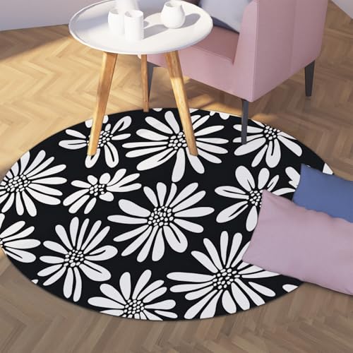 Kollektion Moderner floraler runder Teppich Schwarz und Weiß Daisy Rutschfester waschbarer Teppich mit Akzent für den Eingangsbereich Schlafzimmer Schlafsaal Büro 160cm von WEECHAINGE