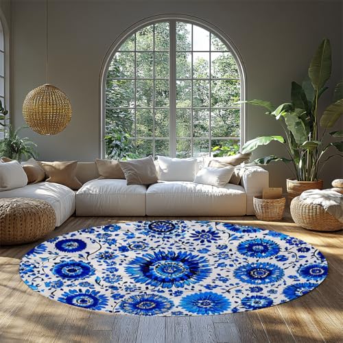 Kollektion Runder Teppich für Kinderzimmer Blau/Weiß Moderne Blumen Nicht ablösend Schmutzabweisend Stark frequentierter Eingangsbereich Foyer Wohnzimmer Schlafzimmer Schlafraum Esszimmer 150cm von WEECHAINGE