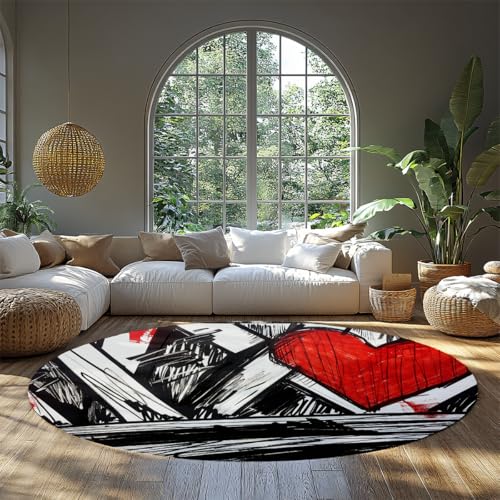 Kreis Kinder Teppiche Schwarz Weiß Rot Herz Runde Fläche Teppich Waschbar Street Art Bodenmatte für Schlafzimmer Eingangsbereich Badezimmer Wohnzimmer Kleiner Rutschfester Wurf Wohnteppich 180cm von WEECHAINGE