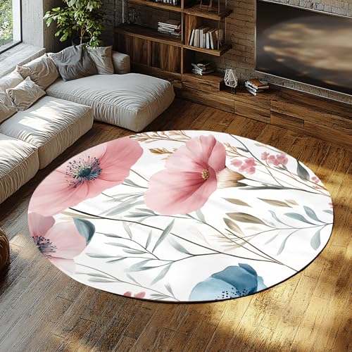 Kreis Schlafzimmer Teppich Waschbar rutschfest Aquarell Blumen Runde Teppich Weiche niedrig Flor Bereich Teppiche für Kinderzimmer Spielzimmer Eingangsbereich Büro Dekor 150cm von WEECHAINGE