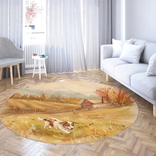 Land Bauernhof Landschaft Runde Bereich Teppiche für Wohnzimmer Scheune Feld Hund Großer waschbarer Teppich Weicher Rutschfester Fußmatte Wohnteppich Indoor Schlafzimmer Esszimmer 180cm von WEECHAINGE