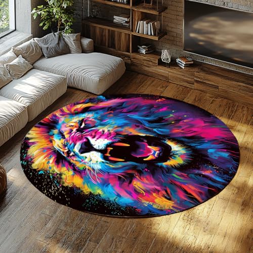 Lebendige Löwe Graffiti Runde Schlafzimmerteppiche Abwaschbarer Rutschfester niedriger Flor Kreis Teppich Bunte Neon Street Art für Wohnzimmer Bett Seite Esszimmer Kinderzimmer Büro 90cm Lebendige Löwe Graffiti Runde Schlafzimmerteppiche Abwaschbarer Rutschfester niedriger Flor Kreis Teppich Bunte Neon Street Art für Wohnzimmer Bett Seite Esszimmer Kinderzimmer Büro 90cm von WEECHAINGE