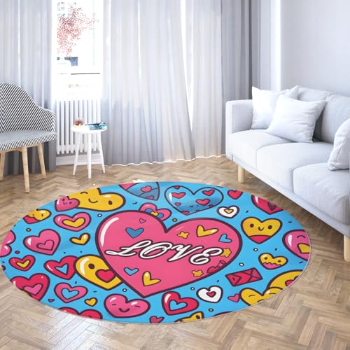 Liebe Herz Muster Runder Teppich Rutschfester niedriger Flor Kreis Teppich Bunte Cartoon Akzent Wohnkultur für Schlafzimmer Wohnzimmer Kinderzimmer Kinderzimmer Kinderzimmer 120cm von WEECHAINGE