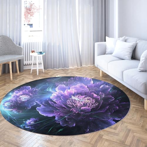 Lila Blumen Runder bodenbelag Leuchtendes Blütenblatt Design Low Pile Kreis Teppich Digitale Kunst Waschbare rutschfeste Lounge Matte für Schlafzimmer Romantisches Dekor 120cm von WEECHAINGE