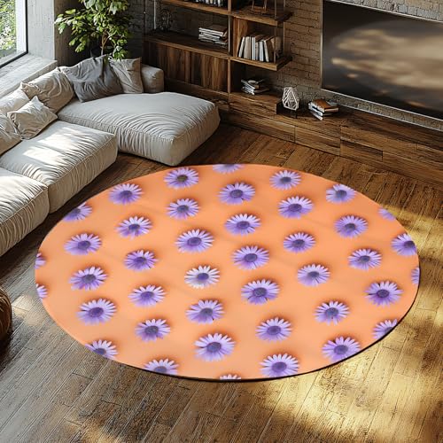 Lila Gänseblümchen Blumen Runde Fläche Teppich Wohnzimmer hell orange botanisch Blumendruck rutschfeste kleine Teppiche für Schlafzimmer Esszimmer Büro 135cm von WEECHAINGE