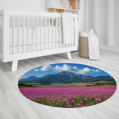 Lila Kosmos Blume Kreis Teppich Wiese Berg Runder Teppich Ästhetische Blumenfeld Soft Area Teppiche für Wohnzimmer Kinderzimmer Kinderzimmer 160cm von WEECHAINGE