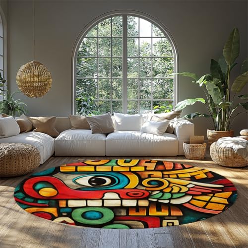Maschinenwaschbarer runder Schlafsaalteppich rutschfester abstrakter Boho-Azteken-Kreisteppich für Kinder mit niedrigem Flor Cartoon-Figuren-Zimmerteppich Wohnzimmer, Schlafzimmer, Esszimmer 120cm von WEECHAINGE