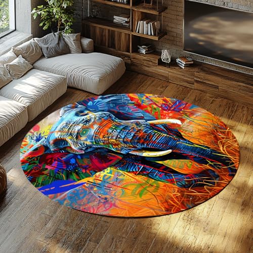 Mehrfarbiger kreisförmiger Teppich Elefant Graffiti Runde waschbare Flächenteppiche für Schlafzimmer Badezimmer Eingangsbereich Kleine Moderne Street Art Distressed Abstrakter Wohnteppich 60cm von WEECHAINGE