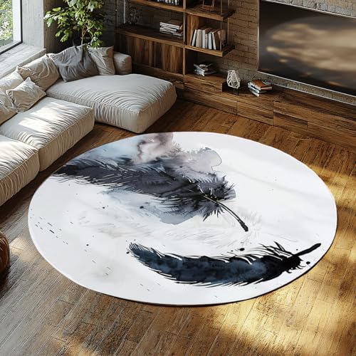 Moderne gemütliche Akzent Runde Teppiche Tintenfeder Rutschfester weicher Plüsch-Teppich für Schlafzimmer Wohnzimmer Arbeitszimmer Waschbarer Kurzflor-Kreisteppich Minimales 120cm von WEECHAINGE
