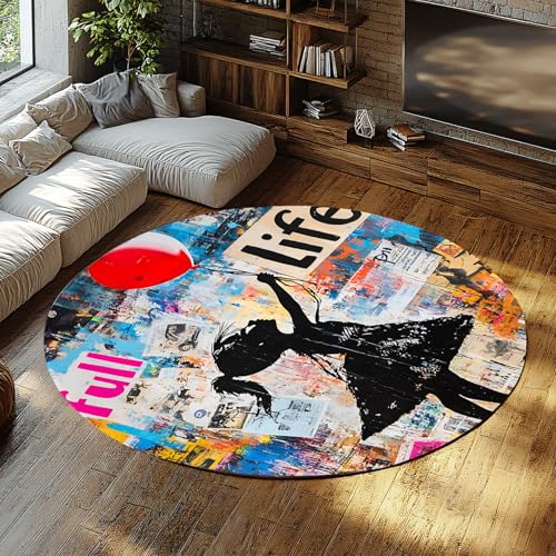 Moderner Graffiti runder Teppich für Klassenzimmer leicht abwaschbarer Kreis Street Art Teppiche Bunte Mädchen Ballon Urban Collage Teppich für Spielzimmer Wohnheim 150cm Moderner Graffiti runder Teppich für Klassenzimmer leicht abwaschbarer Kreis Street Art Teppiche Bunte Mädchen Ballon Urban Collage Teppich für Spielzimmer Wohnheim 150cm von WEECHAINGE