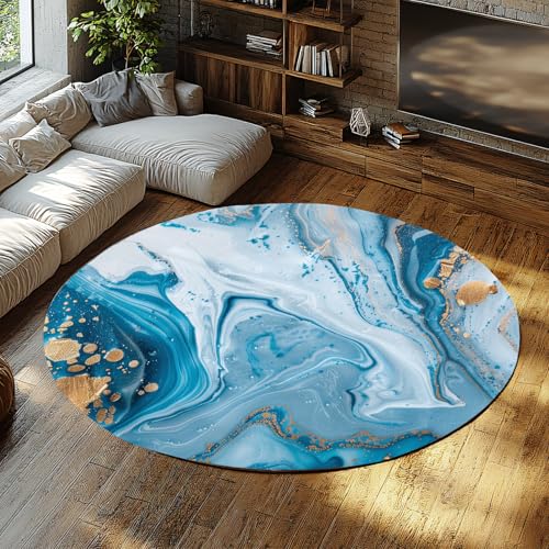 Moderner Ozean Blau und weiches Elfenbein mit Gold Runde Fläche Teppich rutschfest Maschinenwaschbar Marmor Design Akzent Vorleger für Esszimmer Wohnzimmer Schlafzimmer Eingangsbereich Küche 135cm Moderner Ozean Blau und weiches Elfenbein mit Gold Runde Fläche Teppich rutschfest Maschinenwaschbar Marmor Design Akzent Vorleger für Esszimmer Wohnzimmer Schlafzimmer Eingangsbereich Küche 135cm von WEECHAINGE