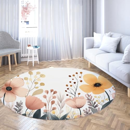 Moderner floraler runder Teppich weiche rosa gelbe und beige Blumen minimales botanisches Design maschinenwaschbarer Teppich für den Boden des Schlafzimmerzimmers 135cm von WEECHAINGE