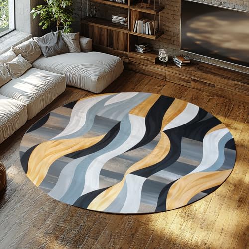 Moderner geometrischer wellenrunder Badezimmerteppich dünner Chenille-fleckenabweisender Schlafzimmerteppich blaugrau Gold runder Teppich für Kinder Spielzimmer Wohnzimmer Leseecke 60cm von WEECHAINGE
