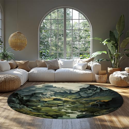 Moosgrün Runde waschbare Teppiche für Wohnzimmer schmutzabweisend Distressed Vintage Mountain Valley Landschaft Akzent Teppich rutschfest niedriger Flor weich Küche Nachttisch Kinderzimmer 160cm Moosgrün Runde waschbare Teppiche für Wohnzimmer schmutzabweisend Distressed Vintage Mountain Valley Landschaft Akzent Teppich rutschfest niedriger Flor weich Küche Nachttisch Kinderzimmer 160cm von WEECHAINGE
