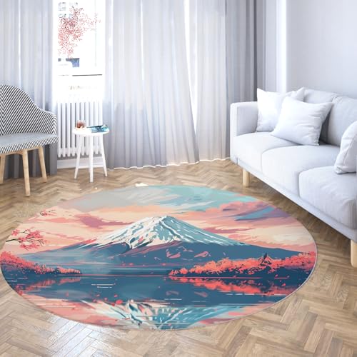 Mount Fuji Circle Teppich Waschbarer Rutschfester Kleiner Teppich Japanische Landschaft Weiche runde Flächenteppiche für Schlafzimmer Wohnzimmer Kinderzimmer Büro 80cm von WEECHAINGE