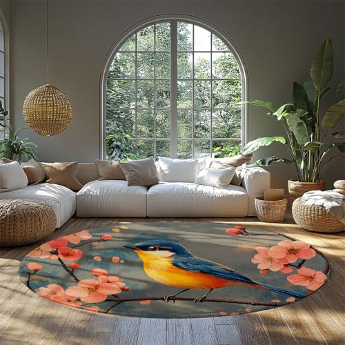 Natur Vogel und Kirschblüte Runde Haustür Teppich Waschbare Schlafzimmer Kreis Teppiche Blau Grau Rosa Zeitgenössischer weicher rutschfester Rückenlehnenteppich für Wohnzimmer Badezimmer 240cm von WEECHAINGE