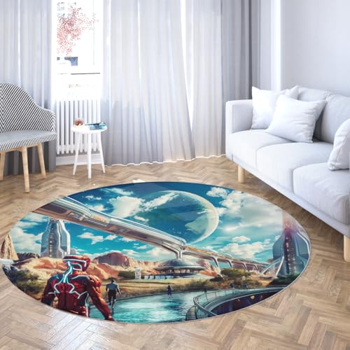 Neonblauer und lila Wohnzimmerteppich mit runder Fläche weicher waschbarer moderner Teppich für Schlafzimmer unter dem Esstisch Rutschfester Wohnteppich den Innenbereich das Home Office 135cm von WEECHAINGE