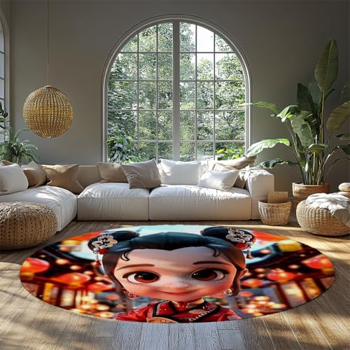 Niedliche Cartoon Mädchen Bereich Teppiche für Wohnzimmer Maschinenwaschbar Rutschfester niedriger Flor Weicher runder Teppich Laterne Festival Print Rot Gold Schwarz Schlafzimmer 80cm von WEECHAINGE