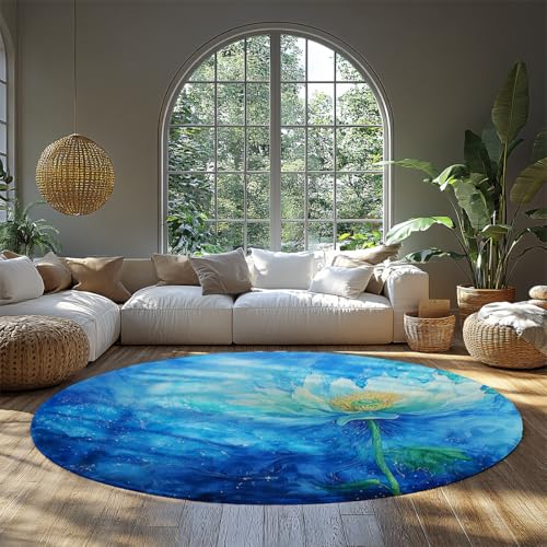 Niedlicher Lotus Blumen Kinderteppich Boho Floral Runde Kinderzimmerteppiche Blau Botanische Ästhetik Abstrakter tropischer Kreis Teppich Waschbar für Wohnzimmer Eingangsbereich Küche 160cm von WEECHAINGE