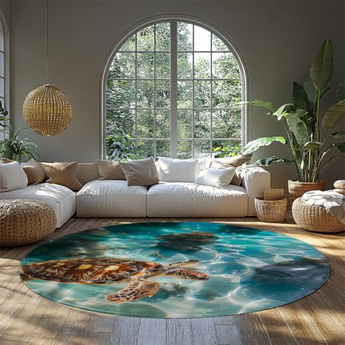 Niedlicher Ocean Turtle Runder Teppich in Blaugrün Waschbar Dünnes Profil Küste Schlafzimmer Teppiche Rutschfester Wohnteppich Bodenmatte Natur Meer Leben Akzent für Wohnzimmer 80cm von WEECHAINGE