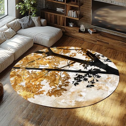 Niedlicher botanischer runder Teppich in Teal Gold waschbarer dünnes Profil Cottagecore Floral Schlafzimmerteppiche Rutschfester Wohnteppich Natur Akzent für Wohnzimmer Eingangsküche 100cm von WEECHAINGE