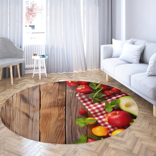 Obstdruck Runder Schlafsaalteppich Picknick-Druck Waschbarer Rutschfester weicher dünner runder Akzentteppich für Küche Esszimmer Wohnzimmereingang 135cm von WEECHAINGE