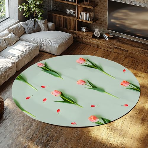 Orange Rosa Tulpe Blumen und Blütenblätter Runde Schlafzimmerteppiche Weiches Pastellgrün Minimalistischer botanischer Rutschfester Campingteppich für Esszimmerdekoration 90cm von WEECHAINGE