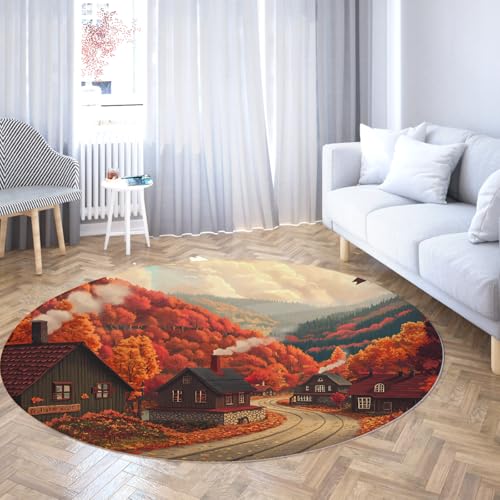 Orange Runde Waschbare Fläche Teppich für Wohnraum Weich rutschfest Herbst Dorf Landschaft Schlafzimmer Kinderzimmer Klassenzimmer Büro Essbereich Bunte Kinder Dekor 200cm von WEECHAINGE