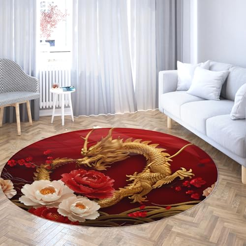 Orientalischer Drache Runder Eingangsteppich Waschbarer Rutschfester Kreisteppich Gold Drache Pfingstrosendruck niedrigflorige Teppiche für Wohnzimmer Schlafzimmer Sofa 200cm von WEECHAINGE