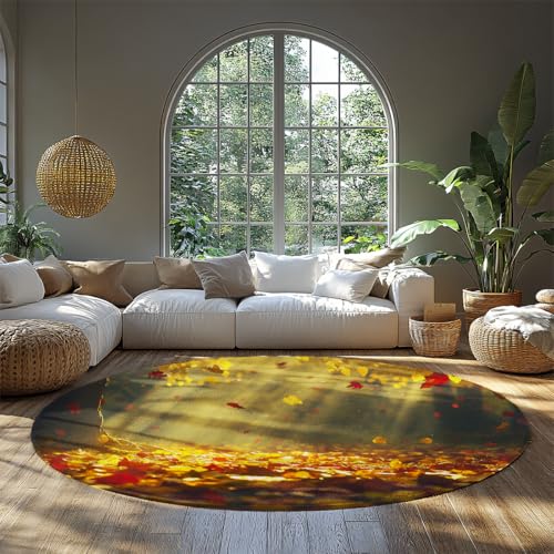 Plüsch Runde Nachttischteppiche Shaggy Circle Teppich Waschbar Indoor Weicher moderner Kunstwolle Rutschfester Wohnteppich für Wohnzimmer Kinderzimmer Schlafzimmer Esszimmer Herbst Wald 80cm von WEECHAINGE