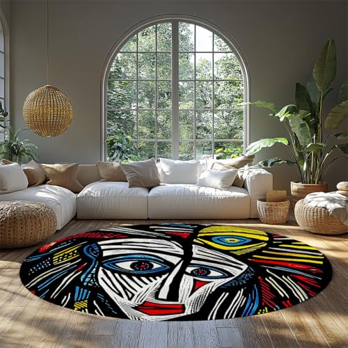 Pop Art Gesicht Runder Waschküchenteppich Kühne Grafik Schwarz Weiß Rot Gelb Blau Kreis Teppiche Niedriger Flor reinigender waschbarer Indoor-Wohnzimmerteppich für Studio Dorm Galerie Flur 100cm von WEECHAINGE