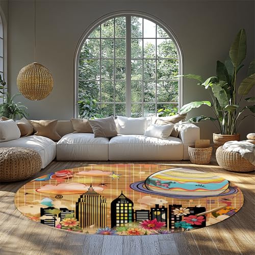 Retro Cityscape Runde Kinderteppiche Cartoon Planet Blume Urban Skyline Waschbarer Kurzflor Kreis Nachttischteppich für Wohnzimmer Kinderzimmer Dekor 120cm Retro Cityscape Runde Kinderteppiche Cartoon Planet Blume Urban Skyline Waschbarer Kurzflor Kreis Nachttischteppich für Wohnzimmer Kinderzimmer Dekor 120cm von WEECHAINGE