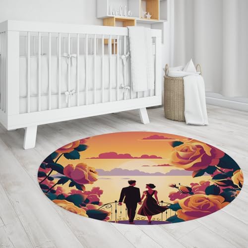 Romantischer Sonnenuntergang runder Teppich waschbarer Blumenkreis Teppich Paar und Rosendruck weiche rutschfeste Teppiche für Schlafzimmer Wohnzimmer Esszimmer 60cm Romantischer Sonnenuntergang runder Teppich waschbarer Blumenkreis Teppich Paar und Rosendruck weiche rutschfeste Teppiche für Schlafzimmer Wohnzimmer Esszimmer 60cm von WEECHAINGE