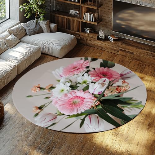 Rosa Blumenstrauß Print Runde Teppiche für Schlafsaal Maschinenwaschbar Weicher Nicht verschüttender Innenteppich Wohnzimmer Schlafzimmer unter Esstisch Büro Pastell 180cm von WEECHAINGE