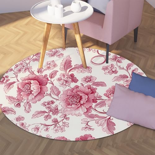 Rosa Boho waschbare runde Wohnzimmerteppiche Vintage Blumen Kreis Teppich für Eingangsbereich Indoor Circular Soft Carpet für Schlafzimmer Küche Kinderzimmer 120cm von WEECHAINGE